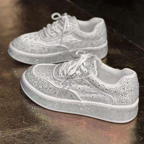 Damen Sneakers mit Blumen, Strasssteinen und Pailletten, 4 cm Sohle – Floravelle