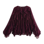 Lorevia Damen Chiffonbluse mit Volants und V-Ausschnitt