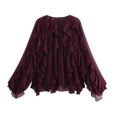 Lorevia Damen Chiffonbluse mit Volants und V-Ausschnitt
