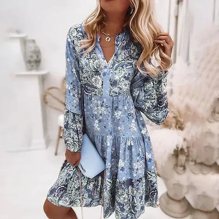 Florique Langärmelige Damenkleid mit durchgehendem Blumenprint