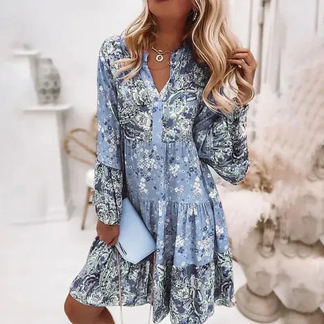 Florique Langärmelige Damenkleid mit durchgehendem Blumenprint