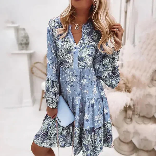 Florique Langärmelige Damenkleid mit durchgehendem Blumenprint
