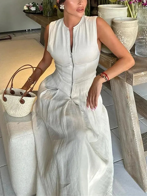 Damen Ärmelloses Midikleid mit Plisseefalten und Reißverschluss – Elanora