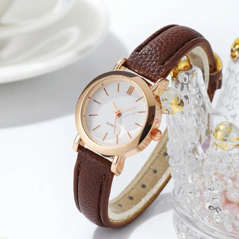 Elvara Damen Armbanduhr mit rundem Zifferblatt und Lederarmband