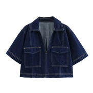 Lunessa Damen Cropped Jeansbluse mit Kurzarm