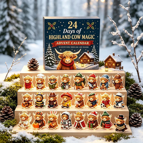Highland Cow Adventskalender mit 24 Weihnachtsanhängern aus Acryl – Highlandessa