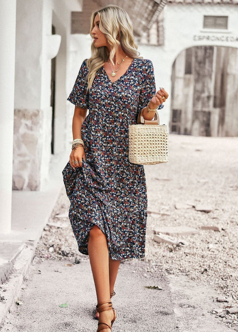 Lunaria Damenkleid mit V-Ausschnitt und Blumenprint