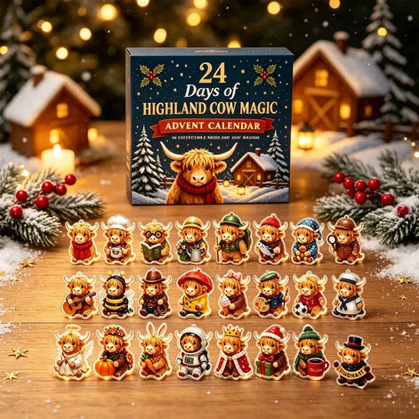 Highland Cow Adventskalender mit 24 Weihnachtsanhängern aus Acryl – Highlandessa