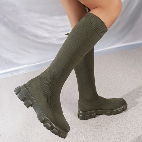 Eloria Damen Kniehohe Boots mit elastischem Schaft und Plateau