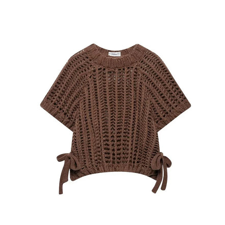 Avelisse Damen Strickpullover mit Schleife und Kurzen Ärmeln