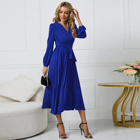 Selmoria Midi Kleid mit V-Ausschnitt und Bindegürtel