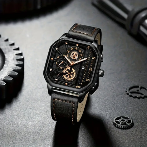 Quarz-Armbanduhr mit quadratischem Gehäuse und Lederarmband
