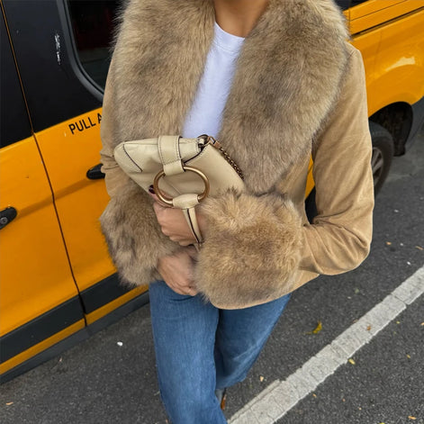 Soréva Damen Blazer in Wildlederoptik mit Kunstfellkragen
