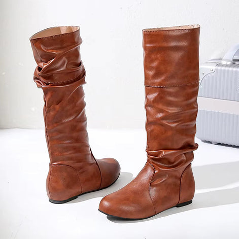 Damen Langschaftstiefel mit Raffung und niedrigem Absatz Elvarenne