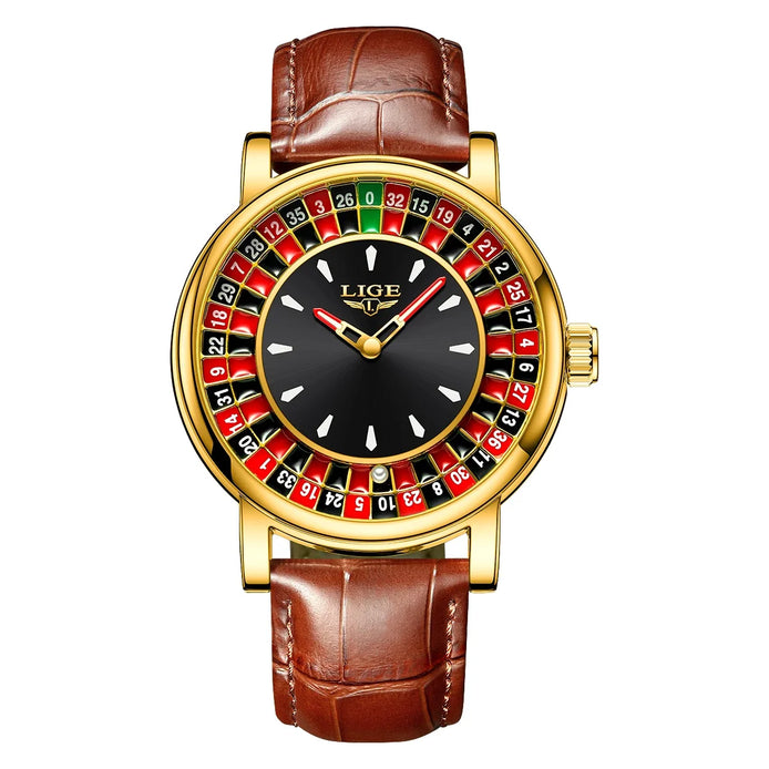 Herren Armbanduhr mit Roulette-Zifferblatt, Quarzwerk und Lederarmband – Rouvelto