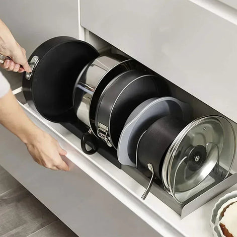 FlexStore Topf- und Pfannenhalter – Ausziehbar mit 6 Trennern und Deckelhalter