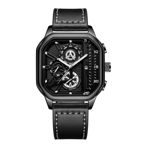 Quarz-Armbanduhr mit quadratischem Gehäuse und Lederarmband