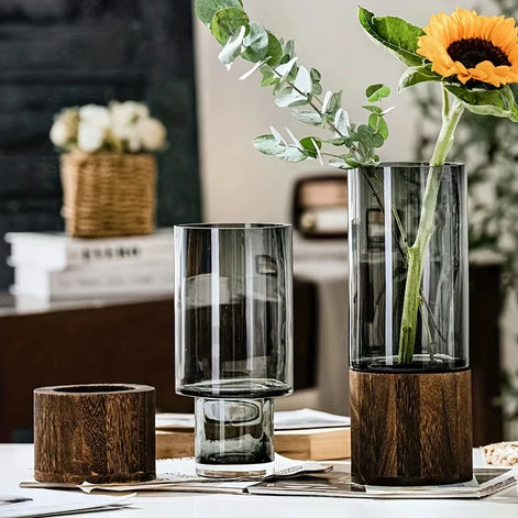 Velmora Glasvase mit Holzsockel für Tischdekoration