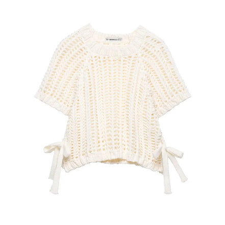 Avelisse Damen Strickpullover mit Schleife und Kurzen Ärmeln