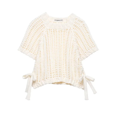 Avelisse Damen Strickpullover mit Schleife und Kurzen Ärmeln