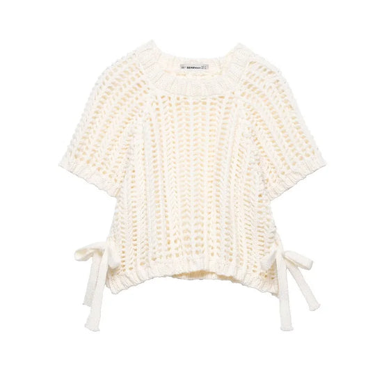Avelisse Damen Strickpullover mit Schleife und Kurzen Ärmeln