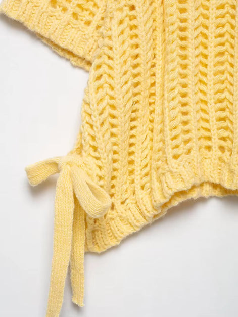 Avelisse Damen Strickpullover mit Schleife und Kurzen Ärmeln