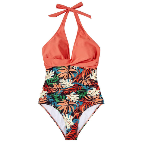 Elmarella Damen Badeanzug mit Halterneck und Taillendetails