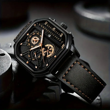 Quarz-Armbanduhr mit quadratischem Gehäuse und Lederarmband