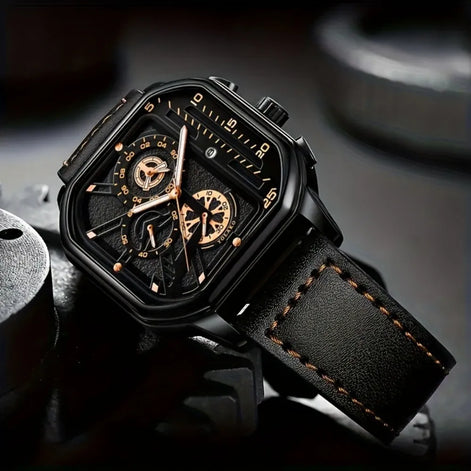 Quarz-Armbanduhr mit quadratischem Gehäuse und Lederarmband
