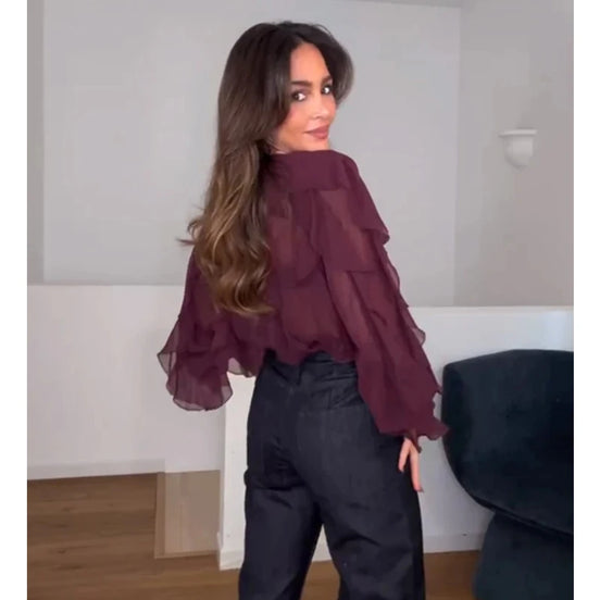 Lorevia Damen Chiffonbluse mit Volants und V-Ausschnitt