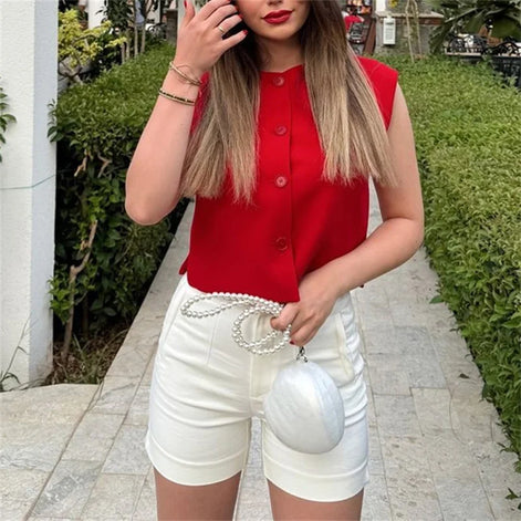 Lunessa Damen Weste mit Knopfleiste und Rundhalsausschnitt