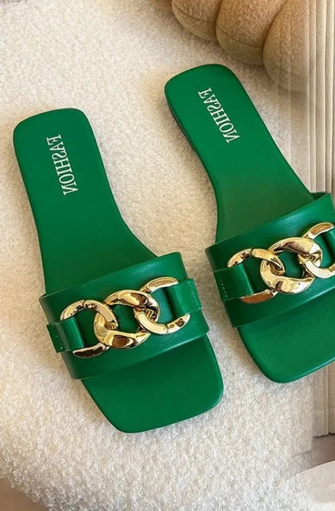 Damen-Sandalen mit Metallkette und flacher Sohle – Auréline