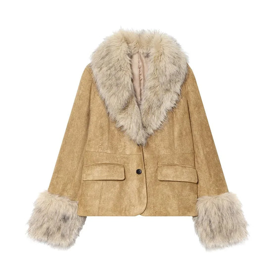 Soréva Damen Blazer in Wildlederoptik mit Kunstfellkragen
