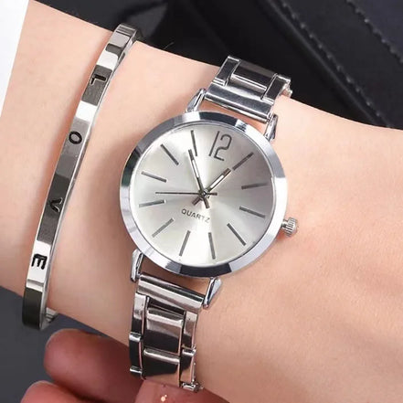 Damen Quarz-Armbanduhr mit Edelstahlarmband im 2er-Set