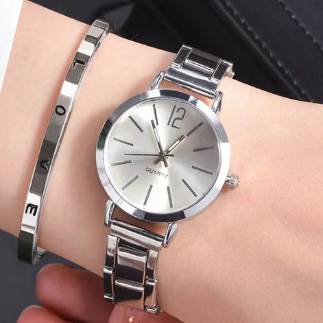 Damen Quarz-Armbanduhr mit Edelstahlarmband im 2er-Set