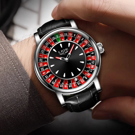 Herren Armbanduhr mit Roulette-Zifferblatt, Quarzwerk und Lederarmband – Rouvelto