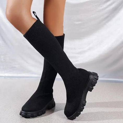 Eloria Damen Kniehohe Boots mit elastischem Schaft und Plateau