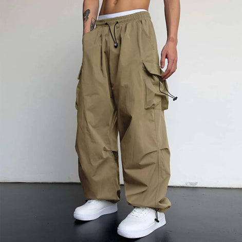 Varento Cargo Hose mit geradem Schnitt und Kordelzug – Freizeit Hose mit Taschen