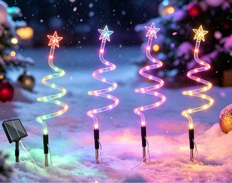 Solar LED Weihnachtsbaum Gartenbeleuchtung im Spiraldesign, 4er-Set mit 8 Lichtmodi – Spiralora