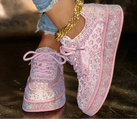 Damen Sneakers mit Blumen, Strasssteinen und Pailletten, 4 cm Sohle – Floravelle