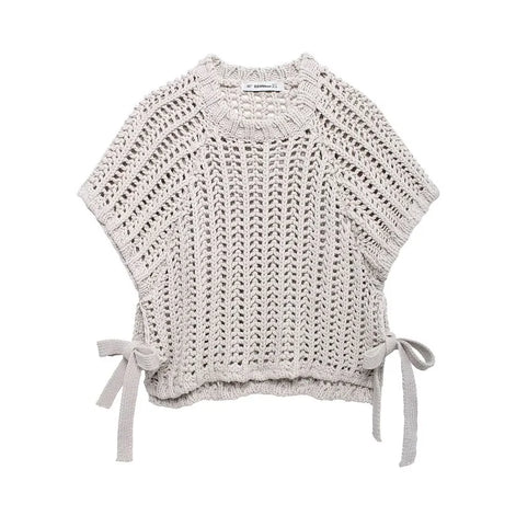 Avelisse Damen Strickpullover mit Schleife und Kurzen Ärmeln