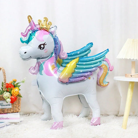 Einhorn Folienballon mit bunten Flügeln, stehende Partydekoration 62 × 29 × 64 cm – Unavella