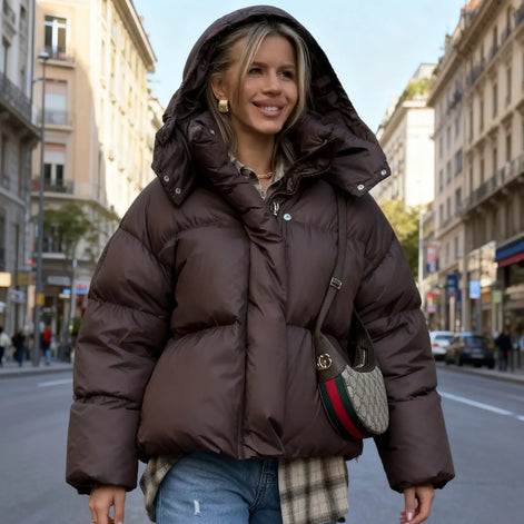 Damen Steppjacke mit Kapuze, Oversized-Passform und Reißverschluss – Quilvara