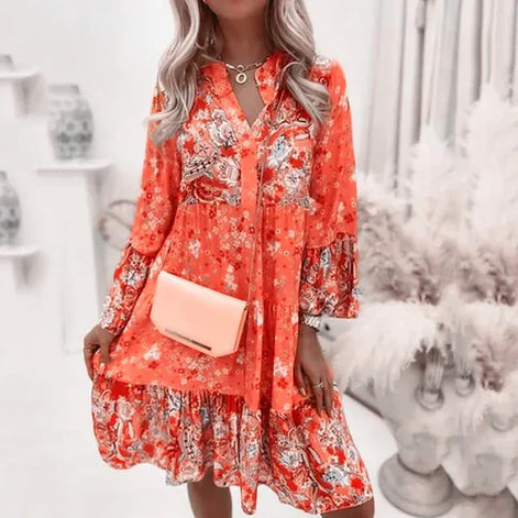Florique Langärmelige Damenkleid mit durchgehendem Blumenprint