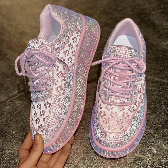 Damen Sneakers mit Blumen, Strasssteinen und Pailletten, 4 cm Sohle – Floravelle