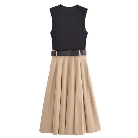 Valerina Damen Midi Kleid Ärmellos Plissiert