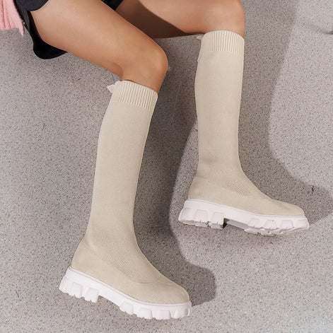 Eloria Damen Kniehohe Boots mit elastischem Schaft und Plateau