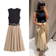 Valerina Damen Midi Kleid Ärmellos Plissiert