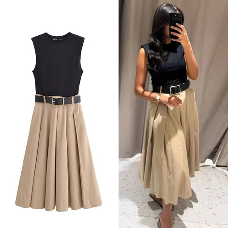 Valerina Damen Midi Kleid Ärmellos Plissiert