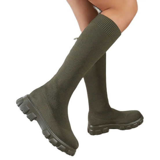 Eloria Damen Kniehohe Boots mit elastischem Schaft und Plateau